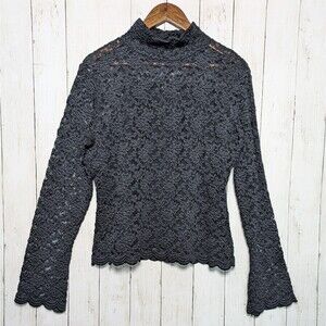 Black Lace Mock Neck Top 2PC Set XL Whimsigoth Dark Academia Witchy Bell Sleeve